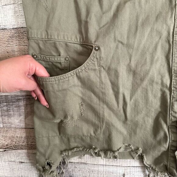 Free People Moonchild Distressed Denim Olive Green Raw Hem Jacket | Size Large - Picture 7 of 8